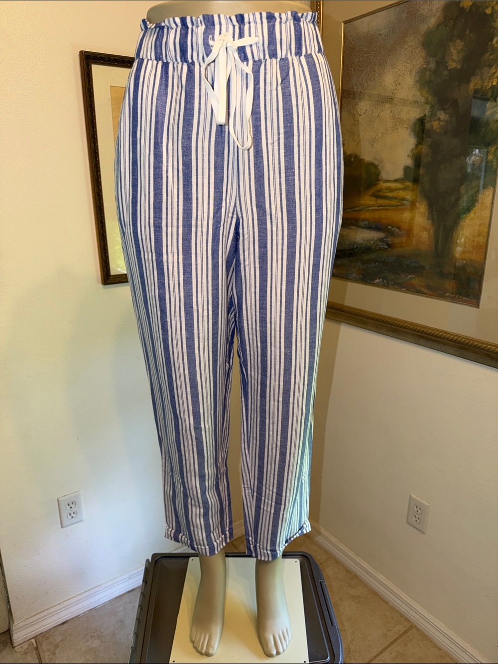 NWOT LOFT Blue & White Striped Linen Drawstring Pants w/Pockets - Picture 7 of 15